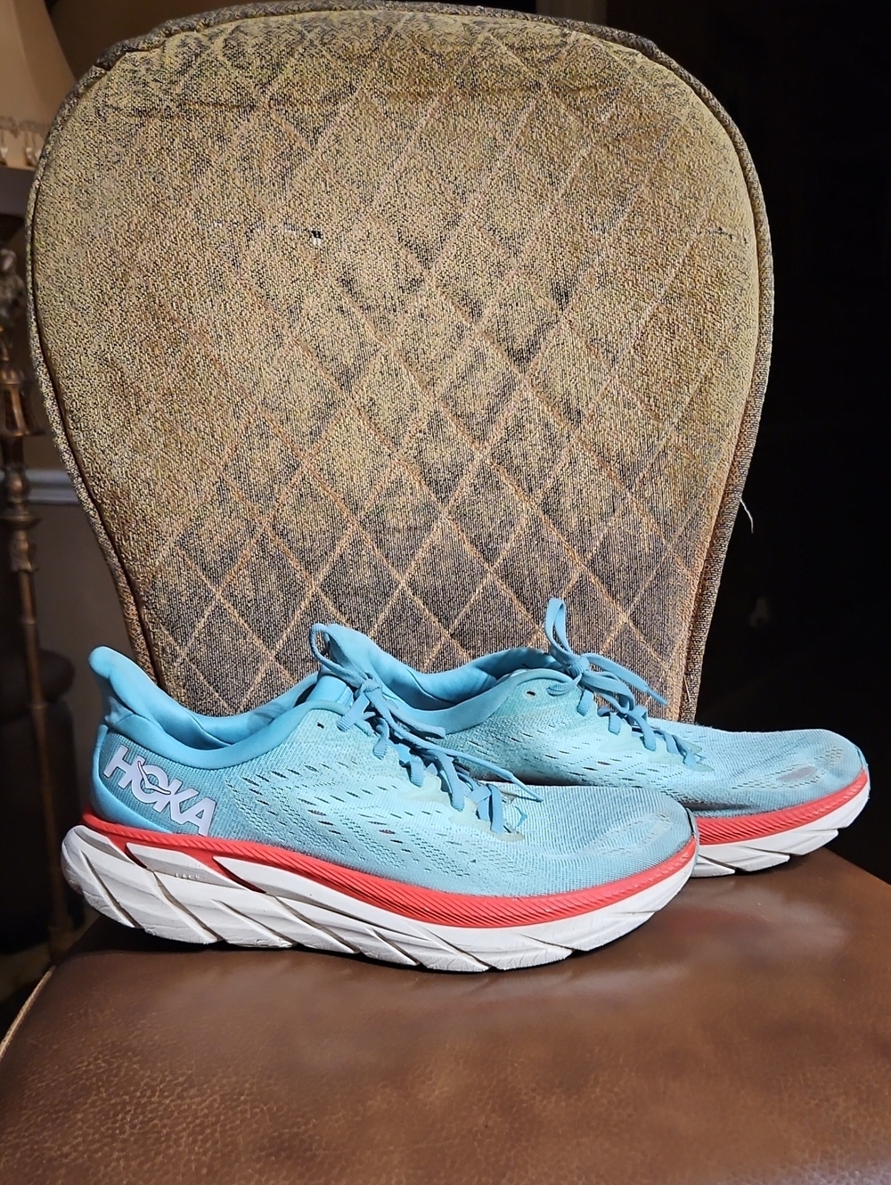 Hoka One One Clifton 8 Blue Red White Lace Up Sneakers Running Shoes